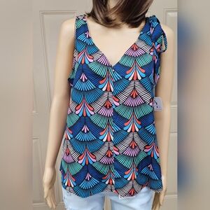 POLISHED LADY | X-Large | Geometric Print V-Neck Blouse with Shoulder Bow Accent